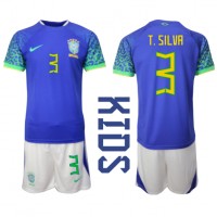 Koszulka piłkarska Brazylia Thiago Silva #3 Strój wyjazdowy dla dzieci MŚ 2022 tanio Krótki Rękaw (+ Krótkie spodenki)